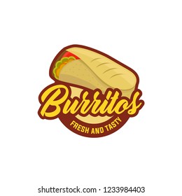 logo de comida tradicional mexicana, etiqueta o pegatina. Logo de Burrito, adhesivo, diseño de productos tradicionales para tiendas, mercados.Ilustración vectorial. Plantilla con el logotipo del burrito mexicano recién hecho y caliente