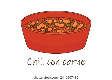 Traditional Mexican food with meat and beans chili con carne in a red bowl