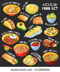 Traditional mexican food menu items set with tacos burritos chili con carne guacamole chalkboard background vector illustration 