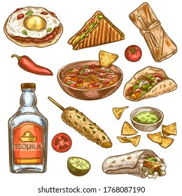 Traditional mexican food. Mexican national burrito, tacos and nachos, enchilada and chili pepper, tequila colored sketch vector set. Engraving vintage meal for menu design, spicy ingredients