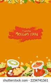 Traditional Mexican food. Seamless vertical border with Latin American dishs Quesadilla, Taco, guacamole with nachos, green and Tomato Soup, Achiote Chicken on orange background. Vector illustration