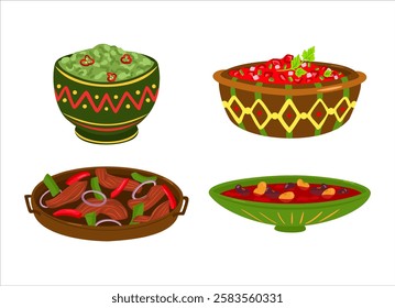 Traditional Mexican food set. Guacamole, fajitas, bean soup, salsa in a bowl. Tomato sauce with chili and onion, avocado and beef. Cinco de mayo food. Vector illustration isolated on a white backgroun