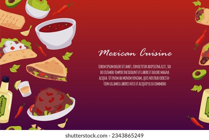 Traditional mexican food such as taco, guacamole, quesadilla, salsa. Vector poster with cartoon Mexican, Latin American cuisine. Designs for menu cover, cookbook with tequila, avocado and chili pepper