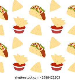 Traditional Mexican food Taco meat filled and Nacho in saucer with sauce Seamless Pattern Wallpaper