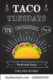 Traditional mexican food taco tuesday poster. Tasty beef meat, salad, tomato in delicious tacos with vintage chalk decoration and sign Taco Tuesday. Vector illustration for mexican fastfood truck art.