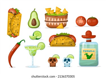 Traditional Mexican food. vector cartoon illustration. Mexican street, restaraunt and homemade food and drinks icons for ethnic menu. Cinco de mayo