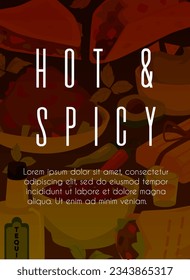 Traditional mexican food. Vector poster with cartoon Hot and spicy Mexican, Latin American cuisine. Tequila with avocado and chili pepper. Design for menu cover, cookbook