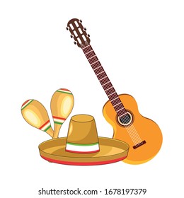 traditional mexican hat with guitar and maracas vector illustration design