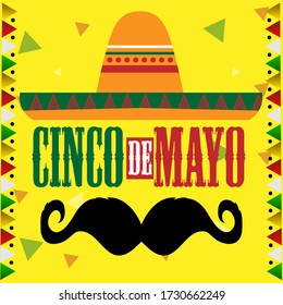 Traditional mexican hat and mustache. Cinco de mayo template - Vector illustration