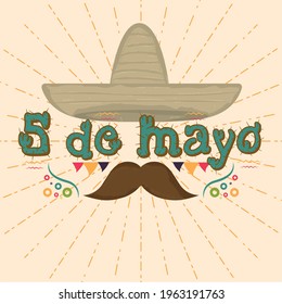 traditional mexican hat and mustache. Cinco de mayo poster - Vector