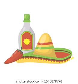 traditional mexican hat with tequila bottle and chili pepper vector illustration design