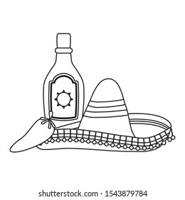 traditional mexican hat with tequila bottle and chili pepper vector illustration design