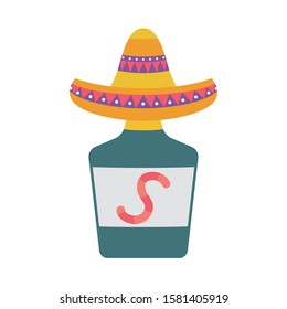 traditional mexican hat with tequila bottle vector illustration design