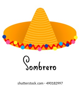 Traditional Mexican hat yellow straw sombrero with colorful pompons and ornament isolated on white background, vector eps 10