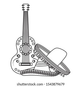 traditional mexican hats with guitar vector illustration design
