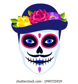 Traditional Mexican head skull. Dia de los muertos. Day of the Dead symbol with flowers.