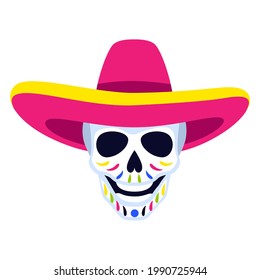 Traditional Mexican head skull. Dia de los muertos. Day of the Dead symbol with sombrero.