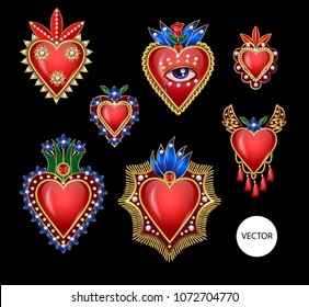 Traditional Mexican hearts with fire and flowers, embroidered sequins, beads and pearls. Vector patches.