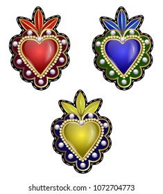 Traditional Mexican hearts with fire and flowers, embroidered sequins, beads and pearls. Vector patches.