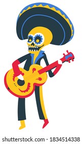 Traditional mexican holiday day of the dead, musician with guitar playing. Male character wearing costume of skeleton with musical instrument in sombrero hat and makeup. Vector in flat style