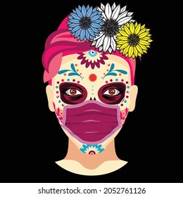 Traditional Mexican holiday or Day of the Dead. Vector catrina with flowers