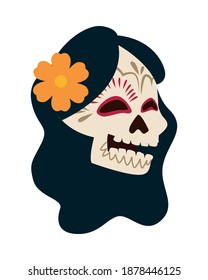 traditional mexican katrina skull with flower and long hair head vector illustration design