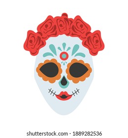 traditional mexican katrina skull with flowers and paint head vector illustration design