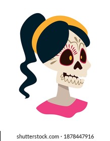 traditional mexican katrina skull with long hair head vector illustration design