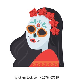 traditional mexican katrina skull painted with flowers vector illustration design