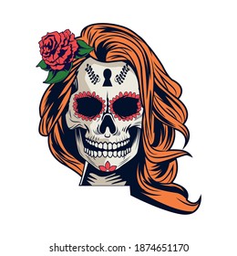 traditional mexican katrina skull with rose head vector illustration design