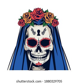 traditional mexican katrina skull with roses and blue hair head vector illustration design