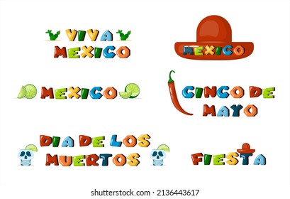 Traditional Mexican logos. vector cartoon illustration typescript. Mexican street, restaraunt and homemade food and drinks icons for ethnic menu. Cinco de mayo