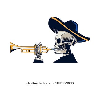 traditional mexican mariachi skull character vector illustration design