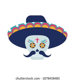 traditional mexican mariachi skull with hat and mustache character vector illustration design