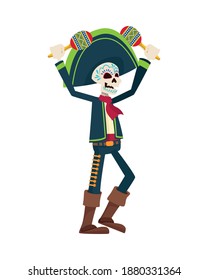traditional mexican mariachi skull playing maracas character vector illustration design
