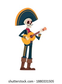 traditional mexican mariachi skull playing guitar character vector illustration design