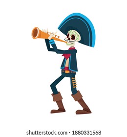 traditional mexican mariachi skull playing trumpet character vector illustration design