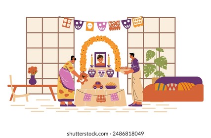 Tradicional Día de la Memoria Mexicana. Ilustración vectorial con un altar decorado con flores y calaveras, donde una chica y un chico llevan ofrendas a un pariente fallecido.