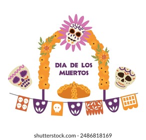 Traditional Mexican Memorial Day. Vector illustration with baking offerings and decorations of marigold flowers and skulls to create a holiday atmosphere