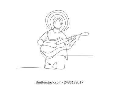 Traditional mexican musician with guitar. Mexican culture concept one-line drawing