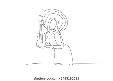 Traditional mexican musician with ukulele. Mexican culture concept one-line drawing