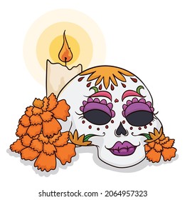 Traditional Mexican offering for Day of the Dead celebration: female sugar skull, marigold flowers and candle.