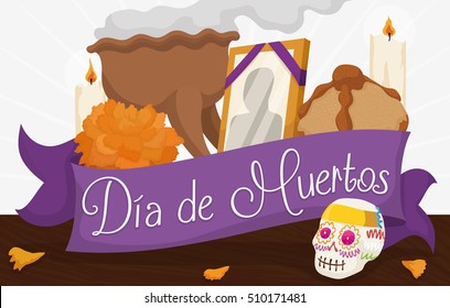 Traditional Mexican offerings to celebrate "Dia de Muertos" (Spanish for "Day of the Dead"): sugar skull, marigold flower, dead bread, picture of the deceased, candles and copal's censer in the altar.