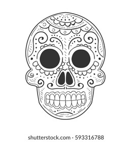 Traditional Mexican Painted Scull, Dia De Muertos Holiday Symbol In Sketch Style In Black And White Color.