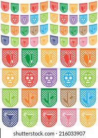 traditional mexican paper bunting (papel picado) decorations, chilli pepper, skull, cactus and margarita, isolated on white