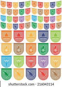 traditional mexican paper bunting (papel picado) decorations, sombrero, tequila, maraca and lizard, isolated on white