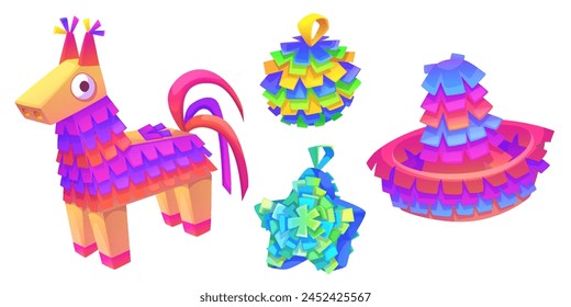 Tradicional pinata mexicana para fiesta de cumpleaños o festival del cinco de mayo. Conjunto de Vector de dibujos animados de papel de color mache juguete de diversión con caramelos y dulces en el interior en forma de burro, estrella y bola.