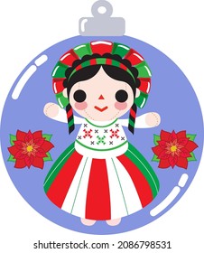 Traditional mexican rag doll in christmas spheres. Lele. Lupita