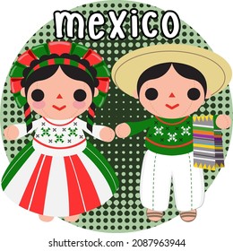 Tradicional pareja de muñecas de rag mexicanas, niño y niña con disfraces típicos. Lele. Lupita.