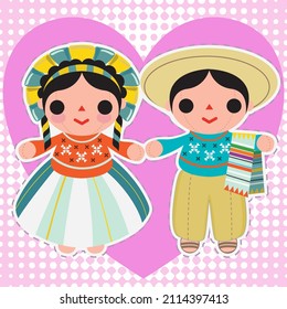 Traditional mexican rag dolls couple card for valentine's day.